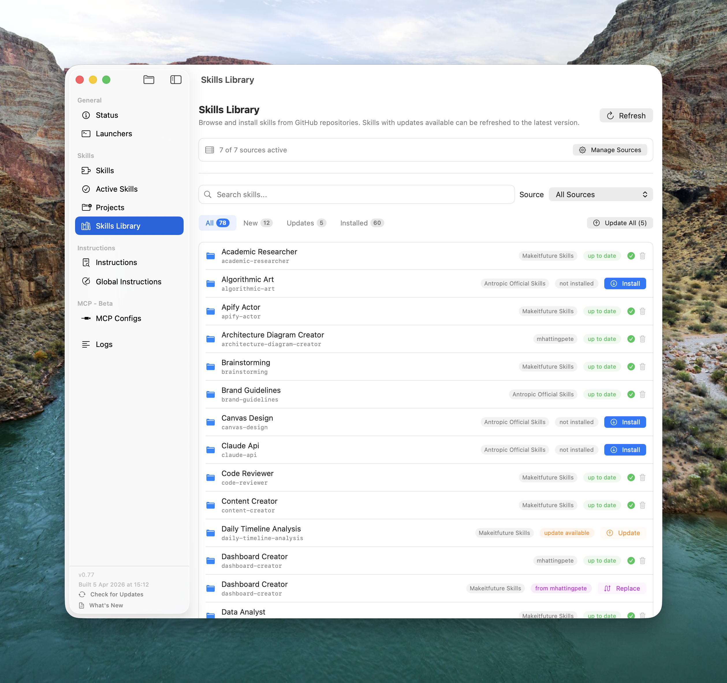 Skills Library with GitHub sources